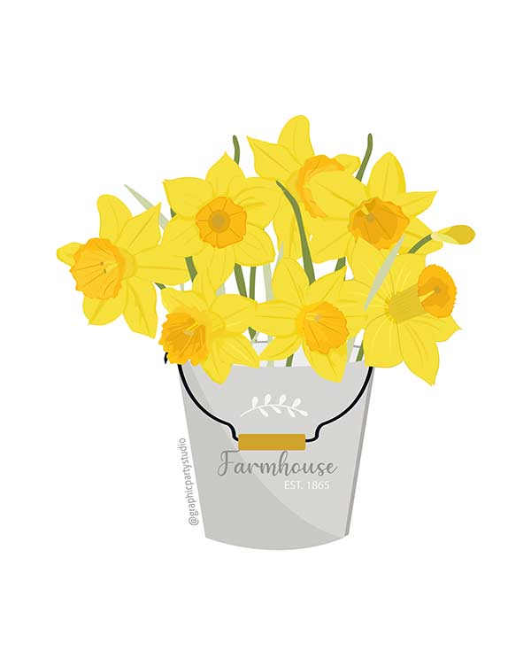 Daisy cottage stickers collection. Daffodils bucket element